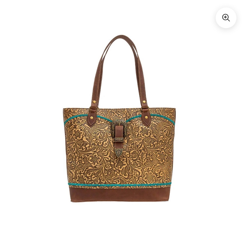 Myra Bag Brown and Gold Tote with Leather Handles and Textured Material
